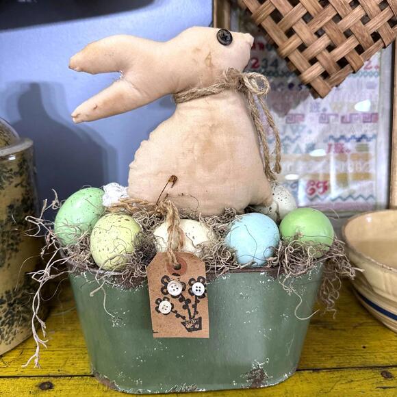 Other - Primitive Handmade Bunny Rabbit Tin Bucket Eggs Centerpiece Easter Spring Decor